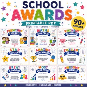 Peut inclure: Un ensemble de neuf certificats de récompense scolaire imprimables et colorés, incluant des titres tels que Friendship Award, Maths Magician, Kindness Champion, Star Student, Amazing Achievement, Excellent Effort, Great Leader, Most Improved et Awesome Attitude.