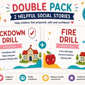 Puede incluir: Un paquete doble de dos historias sociales imprimibles tituladas Lockdown Drill y Fire Drill. Cada tarjeta presenta un edificio escolar, una manzana roja sonriente y texto que explica los simulacros. El diseño incluye estrellas e iconos.