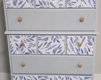 Cómoda de madera vintage / Armario de almacenamiento reciclado / Decoración de cómoda con hojas azules / Organizador de dormitorio