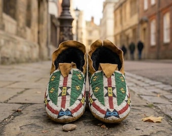 Mocassini decorati con perline fatti a mano / Scarpe scamosciate in stile nativo americano / Calzature tribali indigene con decorazioni di perline