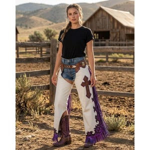 Western Tooled Leather Chaps with Fringe | Cowboy Rodeo Festival Pants | Cowgirl Festival Outfit