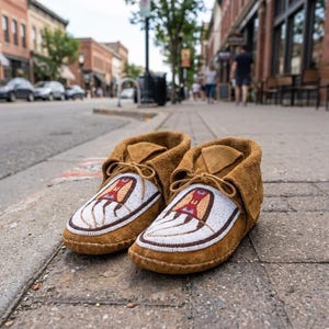 May include: A pair of tan suede moccasins featuring a white beaded vamp with a central geometric design in red, blue, and tan. The shoes have a soft, flexible construction with a wrap-around lace tie detail across the top of the foot.