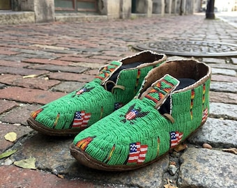 Handmade Beaded Green Moccasins | Native-Inspired Tribal Indigenous Footwear | Powwow Regalia Seed Bead Shoes