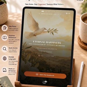 以下が含まれることがあります： タブレット画面に表示された2026 Eternal Happinessというタイトルのデジタルコンベンションノート。インターフェースには鳩のイラスト、名前と日付のテキストフィールド、Open My Notebookと書かれたオレンジ色のボタンがあります。アイコンとテキストは、メモ取りやデバイスの互換性などの機能について説明しています。