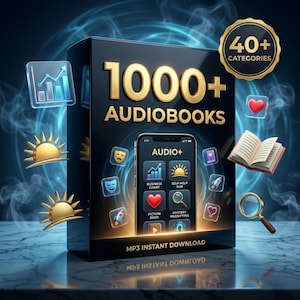 May include: A black box labeled 1000+ AUDIOBOOKS with gold text and a smartphone graphic displaying an AUDIO+ interface. Floating icons include a bar chart, suns, a heart, an open book, and a magnifying glass. The text MP3 INSTANT DOWNLOAD is visible.