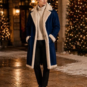 Men’s Navy Shearling Coat, Long Winter Overcoat with Cream Fur Trim, Vintage Christmas Style Jacket, Luxury Cold Weather Outerwear
