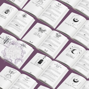 May include: Multiple open books with white pages and black ink illustrations featuring celestial motifs like moons, stars, and wings. Each page displays chapter titles such as The Court of Falling Stars, The Song of Silver Wings, and The Moonflower Pact, alongside decorative borders and text.