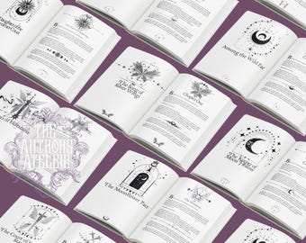 Puede incluir: Varios libros abiertos con páginas blancas e ilustraciones en tinta negra que presentan motivos celestiales como lunas, estrellas y alas. Cada página muestra títulos de capítulos, bordes decorativos y texto impreso en color negro.