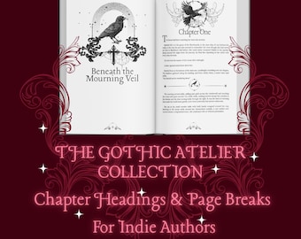 Puede incluir: Un libro abierto con ilustraciones y texto de estilo gótico. La página izquierda dice "Beneath the Mourning Veil" con una ilustración de cuervo. La página derecha dice "Chapter One" con una ilustración de cuervo. El texto de abajo dice "THE GOTHIC ATELIER COLLECTION Chapter Headings & Page Breaks For Indie Authors."