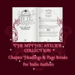 Puede incluir: Un libro abierto que muestra texto impreso en blanco y negro e ilustraciones. La página izquierda presenta el título The Moonlit Pantheon con un dibujo de un templo. La página derecha muestra el Capítulo 1 con una ilustración de templo.