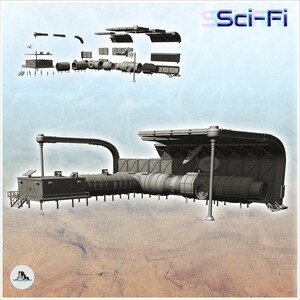 May include: A gray 3D model kit of a modular sci-fi base featuring various cylindrical and rectangular building components, including a large roof structure, support pillars, and a satellite dish, with the text Sci-Fi visible in the top right corner.