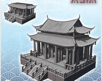 Large asian temple with platform with railings and access stairs (32) - 3D Printable STL Wargaming Terrain for 15mm, 1/72, 28mm & 1/35