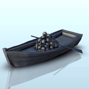 Peut inclure: Une barque en bois gris foncé avec une coque texturée et une rame unique reposant sur les plats-bords. À l'intérieur de l'embarcation, un grand tas dense de crânes humains réalistes est empilé au centre, occupant tout l'espace intérieur.