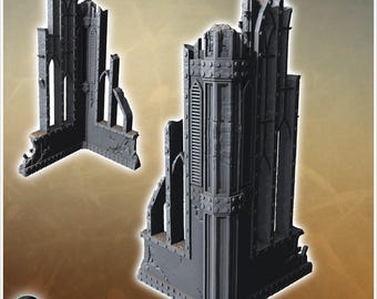 Damaged gothic wall section with intricate arches and reinforced metal supports along the edges (16) - STL 3D Printing Science Fiction Futur