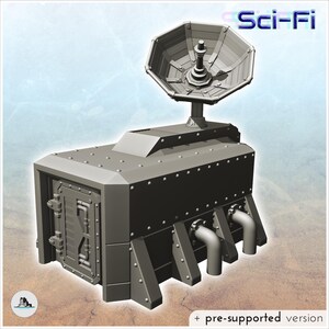 May include: A gray, rectangular sci-fi structure featuring a large octagonal satellite dish on top, a reinforced door with visible hinges on the side, and two protruding pipes at the base. The surface is detailed with rivets and paneling.