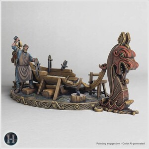 Bearded shipwright hammers planks onto partially built longship with carved dragon prow, wooden supports and scattered tools across oval pla