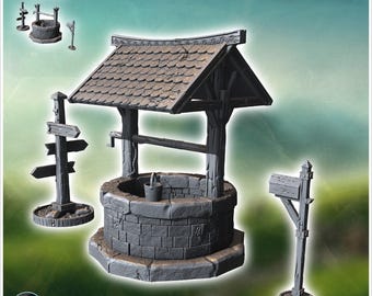 Outdoor accessory set with tile-roofed well, wooden sign and letterbox (4) - 3D Printable STL Wargaming Terrain for 15mm, 1/72, 28mm & 1/35