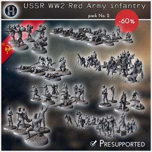 Puede incluir: Una colección de figuras en miniatura de color gris que representan a soldados de infantería del Ejército Rojo de la URSS de la Segunda Guerra Mundial en varias posturas de combate, incluyendo artillería y morteros sobre bases circulares.