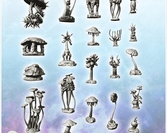 Set of alien plants with flowers (3) - 3D Printable STL Wargaming Terrain for 15mm, 1/72, 28mm & 1/35