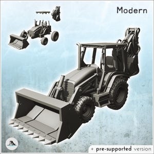 Może przedstawiać: Szary model koparko-ładowarki wydrukowany w 3D z przednią łyżką i tylnym ramieniem kopiącym. Model zawiera oddzielny dach i element łyżki. Na obrazie widoczny jest tekst "Modern" oraz "+ pre-supported version".