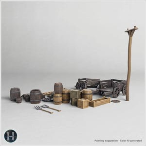 Peut inclure: Un ensemble de pièces de terrain de jeu miniatures comprenant des tonneaux en bois marron, des caisses, une petite charrette à roues, un grand poteau électrique et des outils agricoles comme une fourche et une pelle, dans des tons marron et gris.