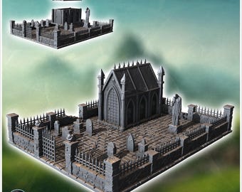 Gothic chapel on a large base surrounded by walls with detailed architecture and multiple spires (12) - STL 3D Printing Traditional Medieval