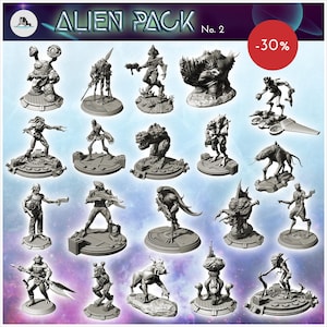 May include: A collection of seventeen grey miniature alien figures in various poses, including humanoid creatures with weapons, multi-limbed beasts, and mechanical structures. The image features the text ALIEN PACK No. 2 at the top.