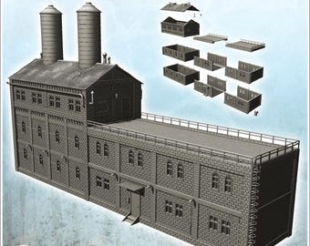 Large modern brick industrial production plant with flat roof double vats on roof (23) - 3D Printable STL Wargaming Terrain for 15mm, 1/72,