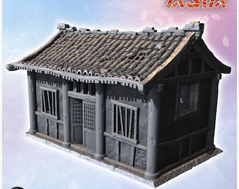 Small traditional Japanese house with wooden columns and tiled roof featuring detailed windows (8)