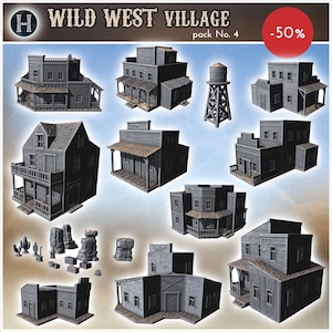 May include: A collection of miniature grey Wild West village buildings including multi-storey structures with porches, a water tower, and small rock formations. The text WILD WEST VILLAGE pack No. 4 is displayed at the top of the image.