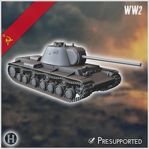 May include: A gray scale model of a Soviet KV-2 tank featuring a large turret and a long barrel. The image includes the text WW2 in the top right corner, a red banner with a hammer and sickle symbol in the top left, and the text Presupported.