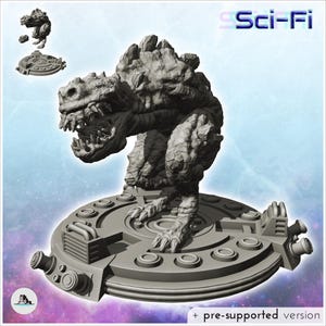 May include: A gray resin miniature of a reptilian creature with a textured, rocky hide and sharp teeth, standing on a circular mechanical base with pipes and vents. The image includes the text Sci-Fi and + pre-supported version.