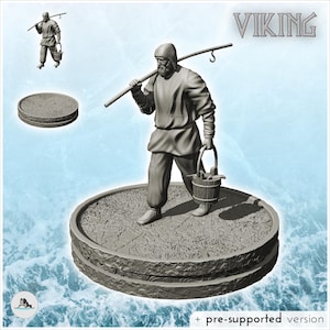 Medieval fisherman with fishing rod and bucket of fish (10) - STL 3D Printing Viking Scandinavian Norse Mythology