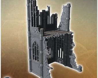 Tall ruined wall structure featuring broken windows and detailed metal reinforcements across the facade (17) - 3D Printable STL Wargaming Te
