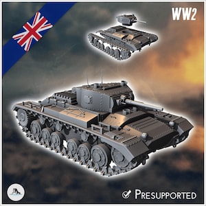 May include: A gray scale model of a British tank with a turret and tracks, featuring the text WW2 and Presupported. The image includes a separate turret component and a Union Jack flag graphic in the corner, set against a dark, cloudy background.