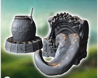Fantastic accessory set with cauldron and tongue box (2) - 3D Printable STL Wargaming Terrain for 15mm, 1/72, 28mm & 1/35