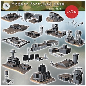 May include: A digital collection of gray miniature military structures labeled Modern fortified base pack No. 2. The set includes various bunkers, watchtowers, a radar station, a cargo truck, and modular wall segments for tabletop gaming terrain.