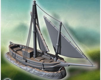 Wooden sailboat with double mast (without base) 5 - STL 3D Printing Traditional Medieval Historical Village Age Ancient