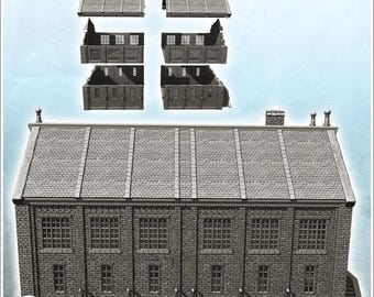 Large modern brick factory with large windows and platform access stairs (24) - 3D Printable STL Wargaming Terrain for 15mm, 1/72, 28mm & 1/