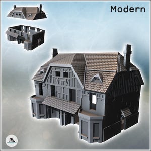 Peut inclure: Un modèle réduit de bâtiment gris étiqueté Modern, doté d'un toit en bardeaux détaillé, de multiples ouvertures de fenêtres et d'une façade à colombages. L'ensemble comprend une section de toit amovible et une structure principale avec des baies vitrées.