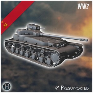 May include: A gray scale model of a World War II Soviet tank featuring a long main gun barrel, a turret with a hatch, and detailed tracks with multiple road wheels. The image includes the text WW2, a hammer and sickle icon, and the word PRESUPPORTED.