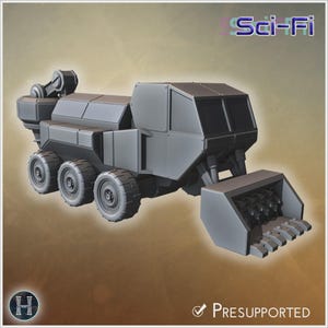 May include: A gray, six-wheeled sci-fi construction vehicle featuring a front-mounted bucket with teeth, a rear crane arm, and a boxy cabin. The text Sci-Fi appears in the top right corner, and the word Presupported is in the bottom right.