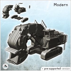 Peut inclure: Un modèle 3D gris d'une excavatrice minière moderne avec une grande pelle frontale, des bras hydrauliques et un train de roulement à chenilles. L'image inclut des composants démontés, le texte "Modern" en haut à droite et "+ pre-supported version" en bas.