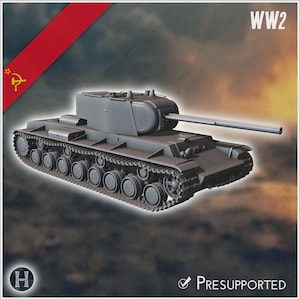 May include: A gray scale model of a Soviet KV-2 tank featuring a large boxy turret and a long main gun barrel. The image includes the text WW2 in the top right corner, a red banner with a hammer and sickle symbol, and the text Presupported.