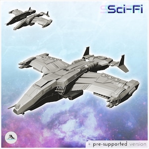Puede incluir: Un modelo gris sin pintar impreso en 3D de una nave espacial futurista con punta afilada, alas anchas con cañones montados y estabilizadores traseros. El texto Sci-Fi y + pre-supported version son visibles en las esquinas de la imagen.