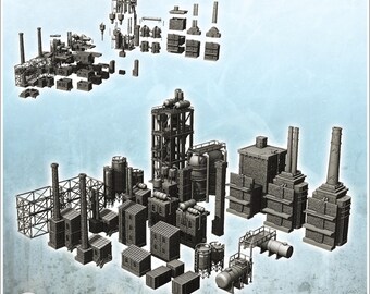 Large modular set of modern industrial equipment with chimney, tanks and brick warehouses (29) - 3D Printable STL Wargaming Terrain for 15mm