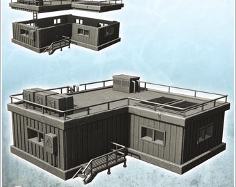 Corner Modern Industrial Prefab Dwelling with Staircase and Ventilation System (34) - 3D Printable STL Wargaming Terrain for 15mm, 1/72, 28m