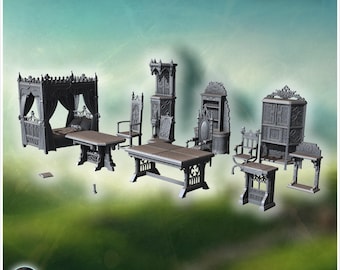 Collection of Gothic furniture with intricate carvings, canopy beds, and detailed chairs (9) - STL 3D Printing Traditional Medieval Historic