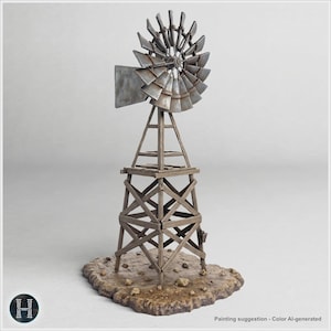 May include: A miniature model of a rustic windmill featuring a weathered brown wooden tower structure and a metallic gray multi-blade turbine wheel. The model is mounted on a textured, uneven brown base with small scattered rock-like details.