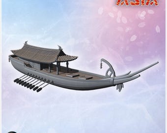 Large oriental boat with roof and oars 3